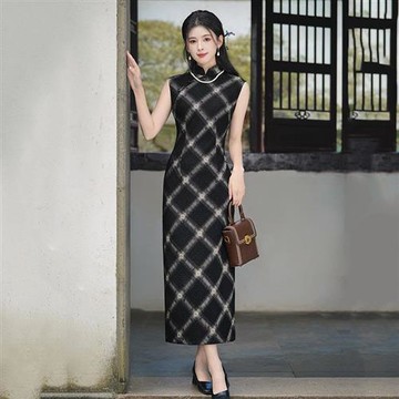 【米蘭精品】現貨+預購 新中式改良旗袍連身裙長裙A字裙百褶裙子大碼洋裝休閒女裝-無袖格子修身復古74mb87
