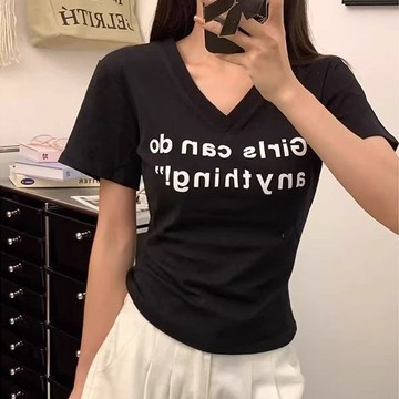 胖胖美依 印花上衣 短袖T卹 原宿風 中大碼M-4XL新款印花顯瘦字母短袖修身上衣-8974.