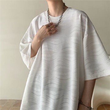 冰絲短袖t恤男夏季寬松半袖體恤薄款涼爽條紋提花上衣圓領五分袖