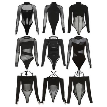 美式辣妹春季性感透視上衣女甜辣jazz女團黑色緊身內搭長袖連體衣