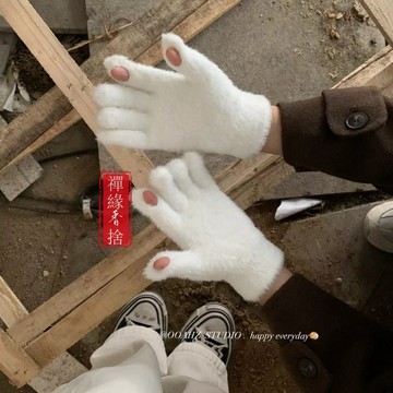 【免運】可觸屏~毛毛絨可愛鼕季仿兔毛手套 加絨保暖觸控屏幕分指防寒騎車