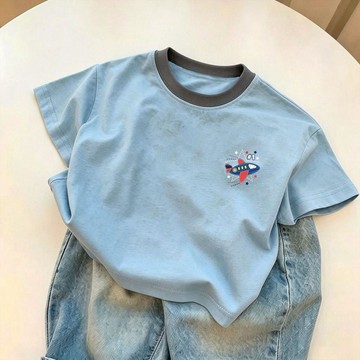 Mini baby🌷扎染藍色卡通飛機T恤夏天帥氣男童短袖修身顯瘦圓領男孩上衣