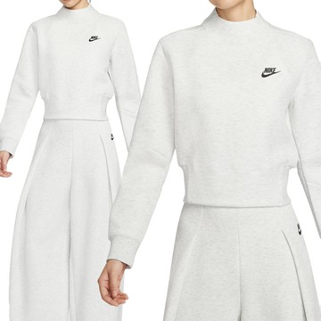 Nike Tch Flc Crew 女款 灰白色 短版 半高領 刷毛 長袖 HV2797-013