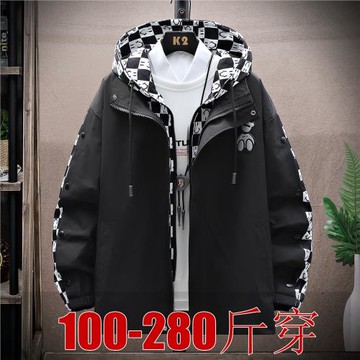 假兩件外套男春秋季潮流胖子加肥加大碼學生連帽夾克寬松休閑上衣