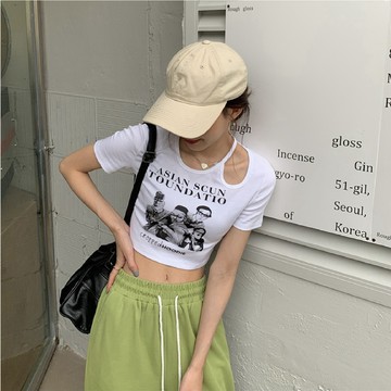 【好買購物】【快速到貨】美式 復古 露肩 簍空短T  短版上衣 顯瘦短袖上衣 單邊露肩 女生上衣 露鎖骨上衣