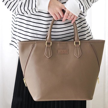 日本 LIZDAYS - 2WAY大開口優雅皮革感手提/側背包-卡其棕 (42x28cm)