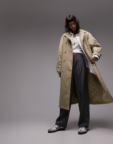 Topshop reversible long-line padded trench coat in sage-Green