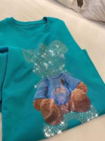 春夏新款綠色圓領純棉重工小熊T恤女寬松休閑百搭t上衣