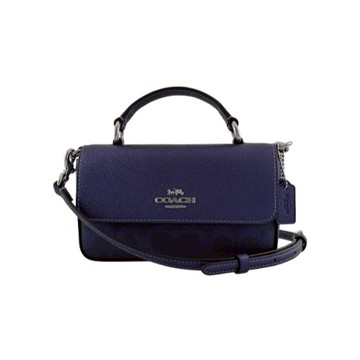 [平輸版] 【COACH】 JOSIE金屬珠光海軍藍C LOGO PVC拼接同色防刮皮方翻蓋橫式迷你斜背包  真品平輸