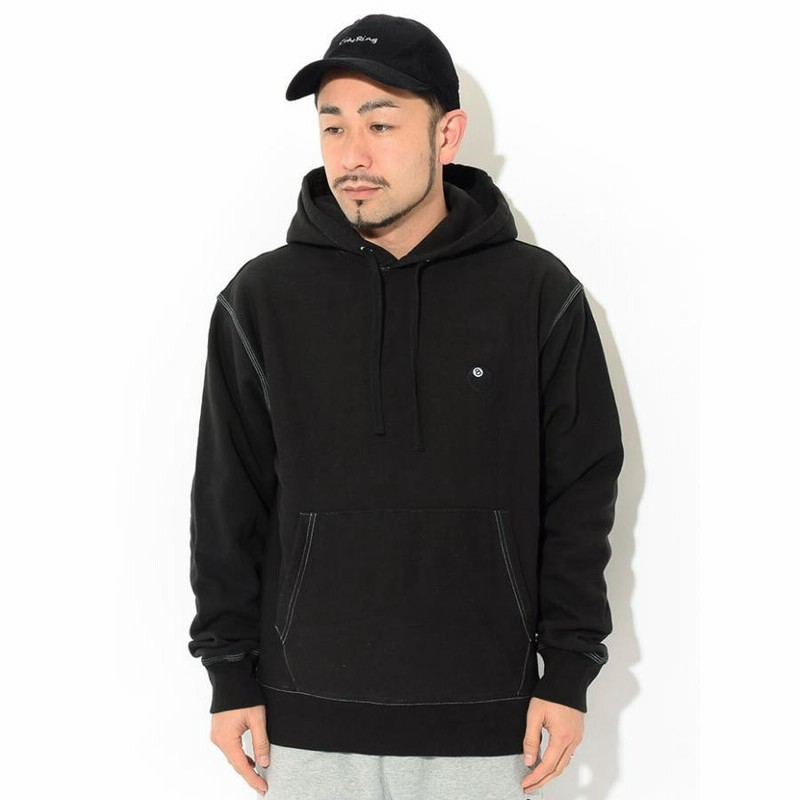 Mens_cottonSTUSSY オーバーサイズ プルオーバー パーカー ブラック エイト 8ボール