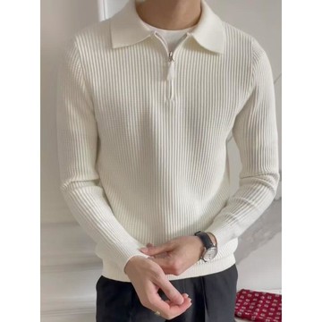 時尚潮流休閒復古翻領毛衣男半拉鍊素色針織衫男