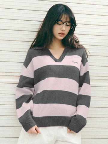 Wool Blend Striped Collar Oversized Sweater [Grey+Pink]