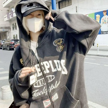 oversize美式複古 賽車風做舊水洗 連帽開衫衛衣 男女上衣 百搭拉鍊外套潮 寬鬆情侶衛衣 韓版t 大學T 大學帽T