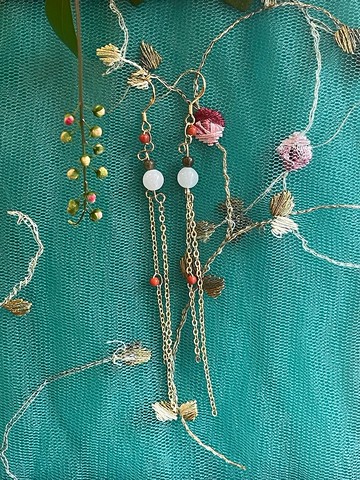 緬甸玉耳環 II 白翡圓珠X深黃烏雞珠X南紅珠 I 緬甸A貨翡翠耳環