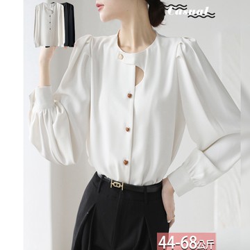 法式圓領純色半月鏤空愛心拚釦泡泡袖襯衫(2色) M-2XL【682640X】【現+預】☆流行前線☆