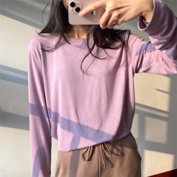 春季新款打底衫女親膚面膜t恤圓領純色百搭彈力長袖紫色內搭上衣