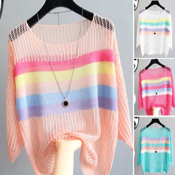 糖果色條紋拼接鏤空七分袖罩衫 條紋拼色冰絲針織衫(3色)-凱西娃娃