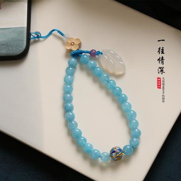 創意天然海藍寶手機掛飾女款個性掛件中國風短款套手腕防丟掛繩