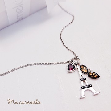 【焦糖小姐 Ms caramelo 】925銀鍍K白 石榴石項鍊(黑剛玉 黃水晶 巴黎鐵塔項鍊)