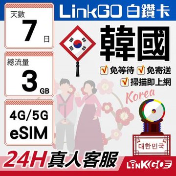 LinkGO白鑽卡 韓國 eSIM卡 7天上網總流量3GB 高速流量(韓國網卡 首爾 釜山 濟州島)