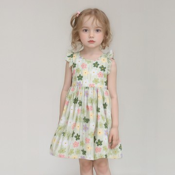 甜心小飛袖印花洋裝-綠底彩花