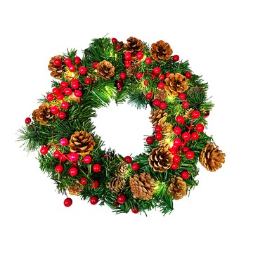 摩達客 14吋豪華綠色裝飾聖誕花圈 豐盛紅金系+3米鈴鐺松果燈串 暖白光 USB控制器