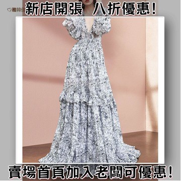 ??新品??初秋冬長袖度假长洋裝 超大擺裙茶歇V領藍色碎花連衣裙 法式復古海边洋裝 大尺碼渡假風穿搭 藍色雪紡連衣裙飄逸