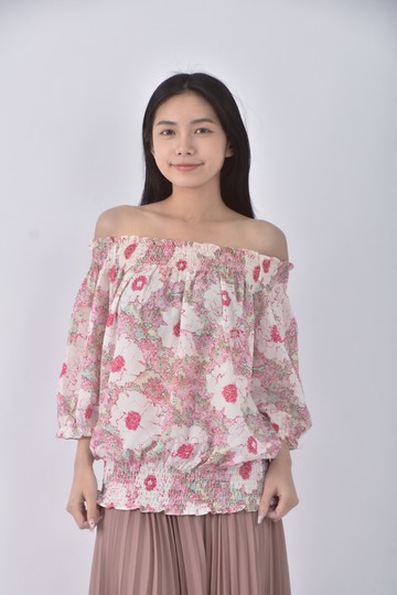 (S) 質感紡紗粉色短袖上衣