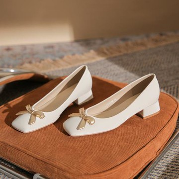33502 方頭粗跟氣質女鞋蝴蝶結高跟百搭女款休閑鞋中跟舒適女款鞋