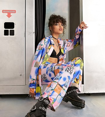 COLLUSION photographic print satin trousers co-ord in pink-Multi