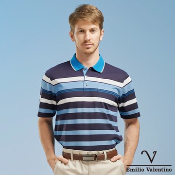 Emilio Valentino范倫鐵諾男裝橫紋精梳棉胸袋POLO衫_藍/白(21-1V5817)
