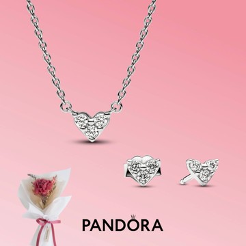 [客製化卡片]送給最愛的你💗【Pandora官方直營】璀璨三角心形項鏈/耳環-925銀+花束。情人節禮物。生日禮物