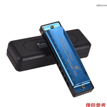 C調10孔布魯斯口琴 ABS琴格 磷青銅簧片 不鏽鋼外殼鏡面設計 自帶琴盒 藍色