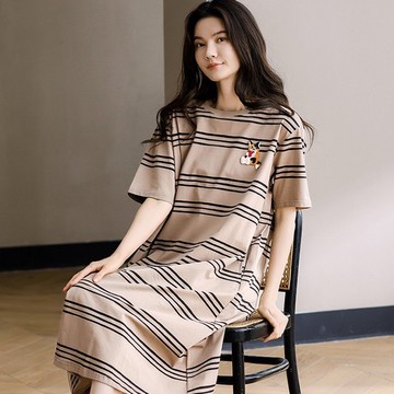Pink Lady 罩杯式 純棉連身睡裙 條紋貓貓 圓領短袖女睡衣 居家服