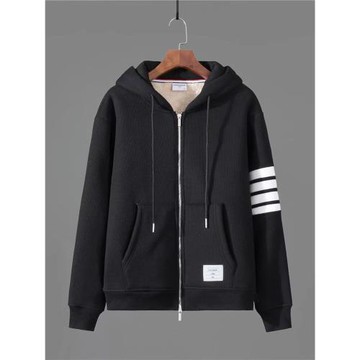 華夫格拉鏈羊羔絨衛衣情侶男百搭時尚加厚四道杠開胸連帽休閑外套