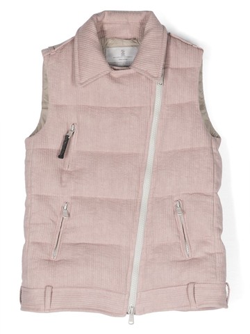 Brunello Cucinelli Kids - corduroy zip-up padded gilet - kids - Linen/Flax/Cotton/Nylon/Feather Down/Polyamide - 8-9 - Pink
