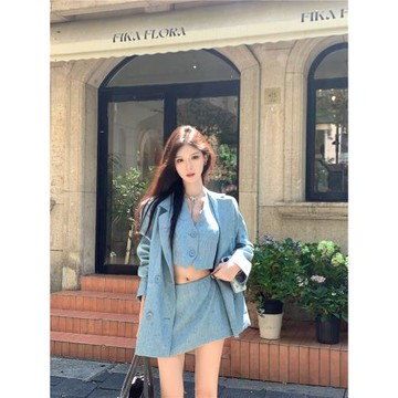 甜蝦派 SWEET YILIN甜辣妹西服外套+馬甲+休閑短褲三件套裝女秋季