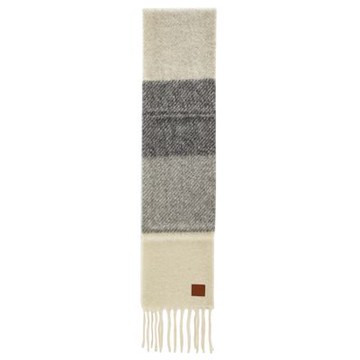 LOEWE 羅威 多色斜紋緹花 流蘇 羊駝毛 羊毛 混紡 圍巾 灰色 白色 FSA6SS2W01