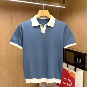 夏季新款高級男裝針織polo衫男 休閑拼色上衣翻領修身t恤男士短袖