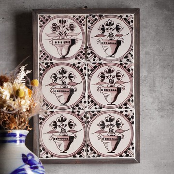 1865年荷蘭手繪小花盆大型古董瓷磚掛飾/老物/瓷畫