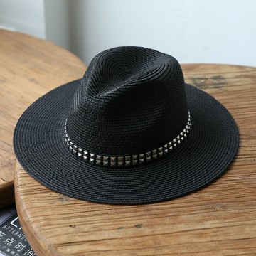 黑色鉚釘夏天男女士草帽英倫寬檐爵士帽夏季禮帽遮陽防曬帽太陽帽【木屋雜貨】