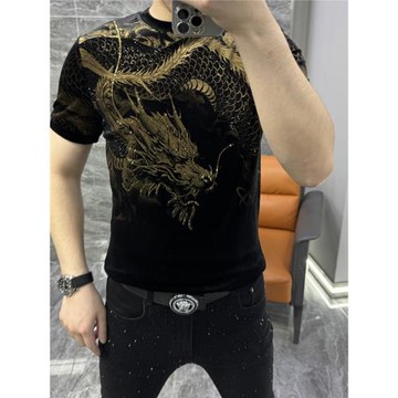 秋季新款男士潮流時尚歐貨高檔金絲絨短袖t恤個性燙鉆帥氣打底衫