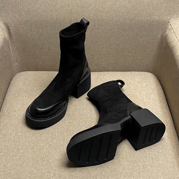 歐洲站防水臺厚底高跟絨面瘦瘦靴