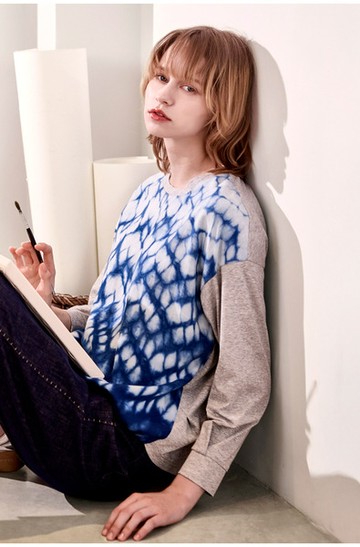 藍染異素材拼接落肩針織衫