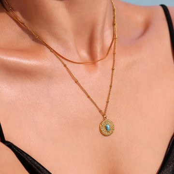 宏雲Hongyun- Xyx-ins法式新款切面天然石圓牌吊墜鎖骨項鍊不鏽鋼18k鍍金飾品