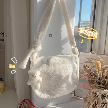 秋冬毛絨簡約百搭斜挎包日系原宿ins純色毛毛少女學生單肩包包女