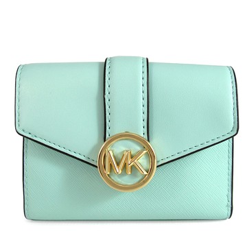 MICHAEL KORS CARMEN 金字大圓標Logo湖水色防刮皮革三折短夾