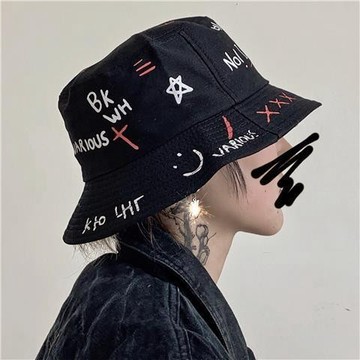 LCMstudios韓國INS塗鴉愛心印花休閒漁夫帽盆帽防曬男女潮遮陽帽