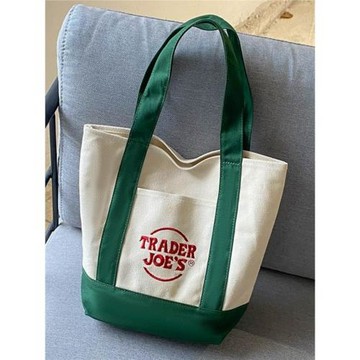 美國潮牌trader joes時尚潮流帆布購物袋拼色單肩包刺繡手提包