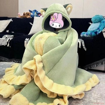 精選好物🌈寬鬆法蘭絨保暖睡袍冬季新款可愛少女綠喵斗篷披風連帽午睡宿舍毯